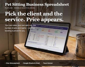 May include: A tablet displaying a Pet Sitting Business Spreadsheet for Google Sheets and Excel. The screen shows financial data, booking schedules, and the text: Pet Sitting Business Spreadsheet, Pick the client and the service. Price appears.