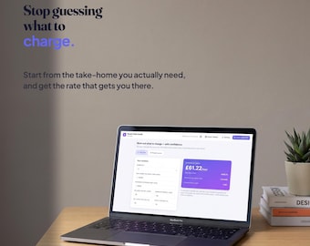 May include: A silver laptop displaying a financial calculator interface with the text Plotline, Stop guessing what to charge. Start from the take-home you actually need, and get the rate that gets you there. The screen shows £61.22 per hour.