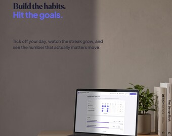 May include: A laptop displaying a habit tracking interface with the text Plotline, Build the habits. Hit the goals. Tick off your day, watch the streak grow, and see the number that actually matters move. A small potted plant and two books are nearby.