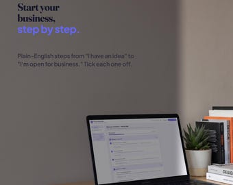 May include: A laptop displaying a business checklist on its screen, positioned on a wooden desk next to a small potted succulent and a stack of books. The wall features the text: Plotline, Start your business, step by step. Plain-English steps.