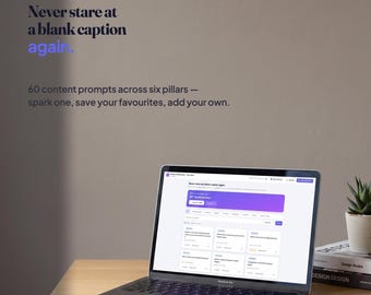 May include: A laptop displaying the Plotline interface with the text 'Never stare at a blank caption again' and '60 content prompts across six pillars — spark one, save your favourites, add your own' visible on the wall above the wooden desk.