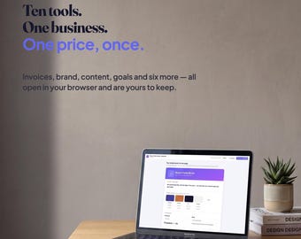 May include: A laptop displaying a software interface on a wooden desk. Text on the wall reads: Plotline. Ten tools. One business. One price, once. Invoices, brand, content, goals and six more — all open in your browser and are yours to keep.