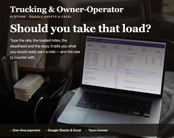 May include: A laptop displaying a Trucking & Owner-Operator spreadsheet for Google Sheets and Excel. The screen shows the text: Trucking & Owner-Operator, Should you take that load? Type the rate, the loaded miles, the deadhead and the days.