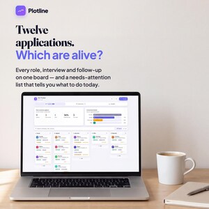 May include: A laptop displaying the Plotline job application tracker interface with a dashboard showing statistics and a kanban board. Text above reads: Twelve applications. Which are alive? Every role, interview and follow-up on one board.