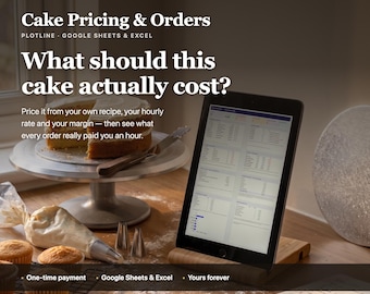 May include: A digital tablet on a wooden stand displays a spreadsheet titled Cake Pricing & Orders. Nearby, a cake on a metal stand, a piping bag, cupcakes on a wire rack, and an open notebook with a pen are arranged on a flour-dusted surface.