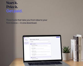 May include: A laptop displaying the Plotline business software interface on a wooden desk. Next to the laptop are a small potted succulent and a stack of three books. The wall features the text: Start it. Price it. Get paid. Three tools that take you from idea to your first invoice — in one download.