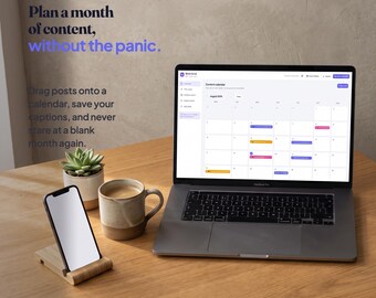 May include: A silver laptop displaying a content calendar interface, a smartphone on a wooden stand, a ceramic mug with a beverage, and a small succulent in a pot. Text reads: Plotline, Plan a month of content, without the panic.
