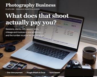 May include: A laptop displaying a spreadsheet titled Photography Business, surrounded by two cameras, a memory card case, a color calibration card, and a ceramic mug on a wooden desk. The screen text reads: What does that shoot actually pay you?