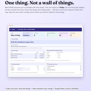 May include: A digital ADHD planner for adults designed for Google Sheets and Excel. The interface displays a dashboard titled Today: one thing. Not a wall of things, featuring sections for daily tasks, energy levels, routine tracking, and wins.