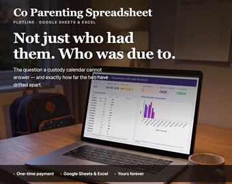 May include: A laptop screen displaying a Co Parenting Spreadsheet for Google Sheets and Excel. The screen shows a custody calendar, data tables, and a bar chart. Text on the screen reads: Co Parenting Spreadsheet, Not just who had them. Who was due to.