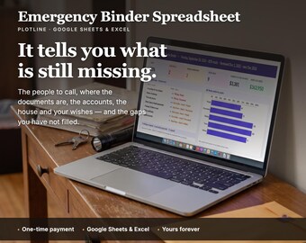 May include: A silver laptop displaying an Emergency Binder Spreadsheet for Google Sheets and Excel. The screen shows data charts and text stating, It tells you what is still missing. The laptop sits on a wooden desk with keys and an envelope.
