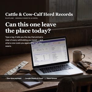 Pode incluir: Um portátil exibindo Cattle & Cow-Calf Herd Records para Google Sheets & Excel. O texto no ecrã diz, Can this one leave the place today? Um caderno, caneta, ferramenta de metal, caneca e luvas de couro estão sobre a mesa de madeira.
