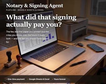 May include: A laptop displaying a spreadsheet titled Notary & Signing Agent, Plotline, Google Sheets & Excel. Text reads: What did that signing actually pay you? The fee, less the paper you printed and the miles you drove, over the hours it really took.