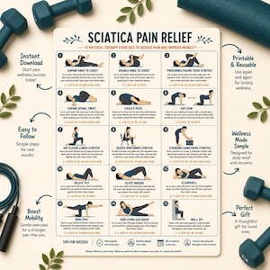May include: A rectangular poster titled Sciatica Pain Relief featuring 15 numbered physical therapy exercises with illustrations and instructions. The chart includes text for instant download, printable, easy to follow, and wellness made simple.