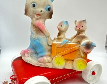 Vintage rubber Cat and kitten pull toy squeak toy