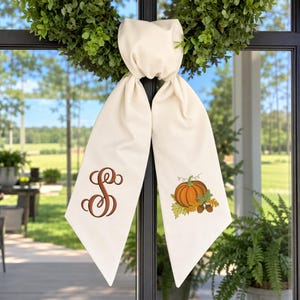Embroidered Pumpkin Wreath Sash, Custom Monogram Fall Door Sash, Thanksgiving Front Door Decor, Autumn Wreath Ribbon with Ric Rac Bow