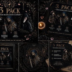 May include: A digital graphic set featuring three dark fantasy hooded figures in armor, including one holding a sword. The text reads 3 PACK HIGH RESOLUTION CLIPART, with icons for 300 DPI, transparent background PNG, and instant download.