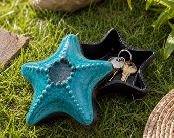 Starfish Trinket Dish with Lid, Coastal Jewelry Box, Ceramic Ring Holder, Beach Decor, Ocean Keepsake Box, Gift for Her, Key Holder Dish