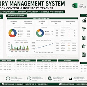 May include: An Excel inventory management system template featuring a dashboard overview with stock value, stock status charts, and tables for product register, stock movements, purchase orders, and sales orders, all displayed in a dark green color scheme.
