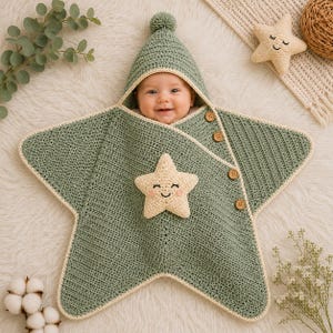 Könnte beinhalten: Eine salbeigrüne, gehäkelte sternförmige Baby-Wickeldecke mit einer spitzen Kapuze und einem Bommel. Die Decke hat einen cremefarbenen Rand, vier Holzknöpfe an der Seite und eine kleine, cremefarbene Sternapplikation mit einem lächelnden Gesicht.
