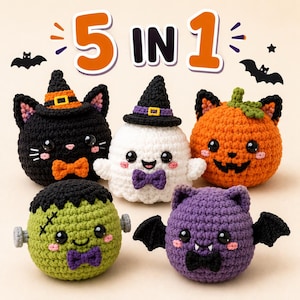 May include: Five crocheted Halloween figures including a black cat with an orange hat, a white ghost with a purple hat, an orange pumpkin, a green monster with bolts, and a purple bat. The text 5 IN 1 is displayed above the figures.