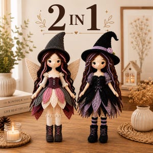 May include: Two crocheted dolls with the text 2 IN 1 above them. The left doll wears a grey hat, wings, and a pink and white dress. The right doll wears a black hat with a purple flower and a black and purple dress. Both have long dark hair.