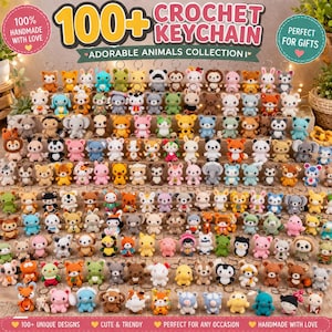 May include: A large collection of small, handmade crochet animal keychains arranged on tiered wooden shelves. The display features various creatures including bears, cats, elephants, and tigers in diverse colors, each attached to a metal keyring.