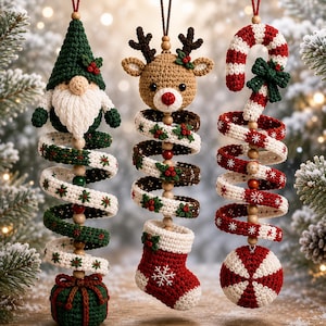 Julvirkad vindspinnermönsterpaket PDF – Mönster för julgransprydnader, renar och polkagrissprydnader, hängande juldekorationer, amigurumi DIY