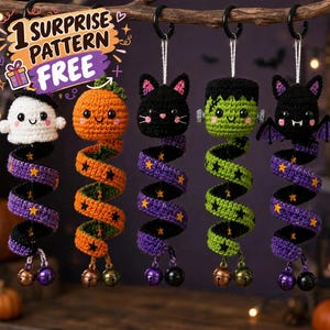 Paquete de patrones de ganchillo para molinillo de viento de Halloween en formato PDF, fantasma, calabaza, gato, murciélago y Frankenstein de amigurumi, decoración colgante, descarga digital, PATRÓN GRATIS
