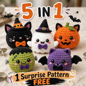 Kawaii Halloween Bao Bun Crochet Pattern PDF | Dumpling Amigurumi Bundle|Ghost, Pumpkin, Black Cat, Bat, Frankenstein & Pumpkin,FREE PATTERN