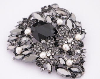 Large Wedding brooch wedding dress broach Black Crystal brooch rhinestone brooch pin wedding hair brooch cake brooch dress bling Brooch Boho