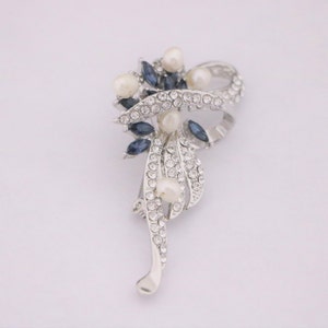 Crystal Rhinestone Dark Blue Brooch Navy Wedding Bridal Bridesmaid Dress Sash Accessory Midnight Navy Blue Brooches Silver Bridal brooch pin