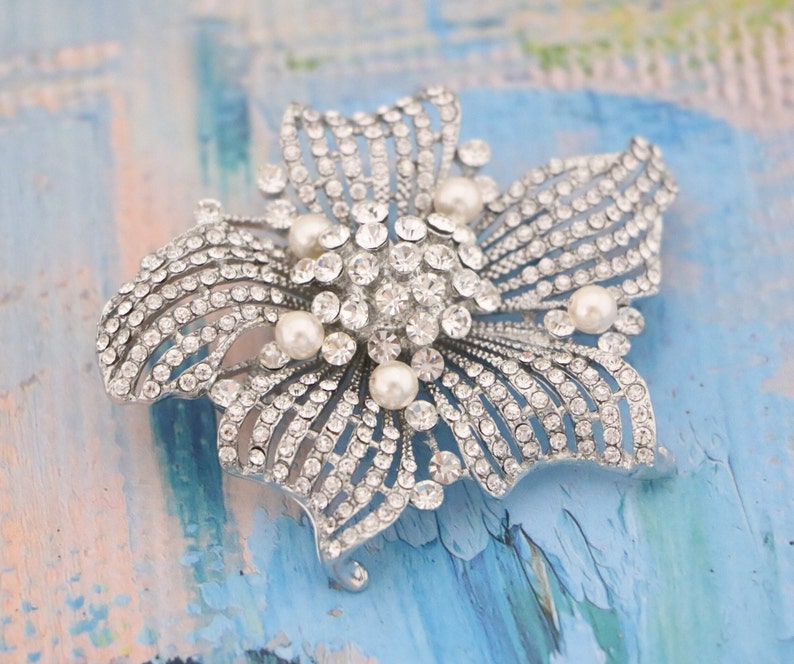 Wedding brooch pin Silver Pearl brooch pin Rhinestone brooch pin Wedding belt dress brooch Wedding hair brooch Bridal accessories brooch pin image 8