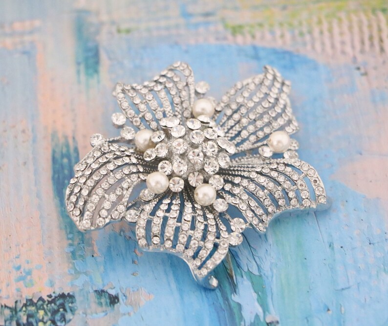 Wedding brooch pin Silver Pearl brooch pin Rhinestone brooch pin Wedding belt dress brooch Wedding hair brooch Bridal accessories brooch pin image 5