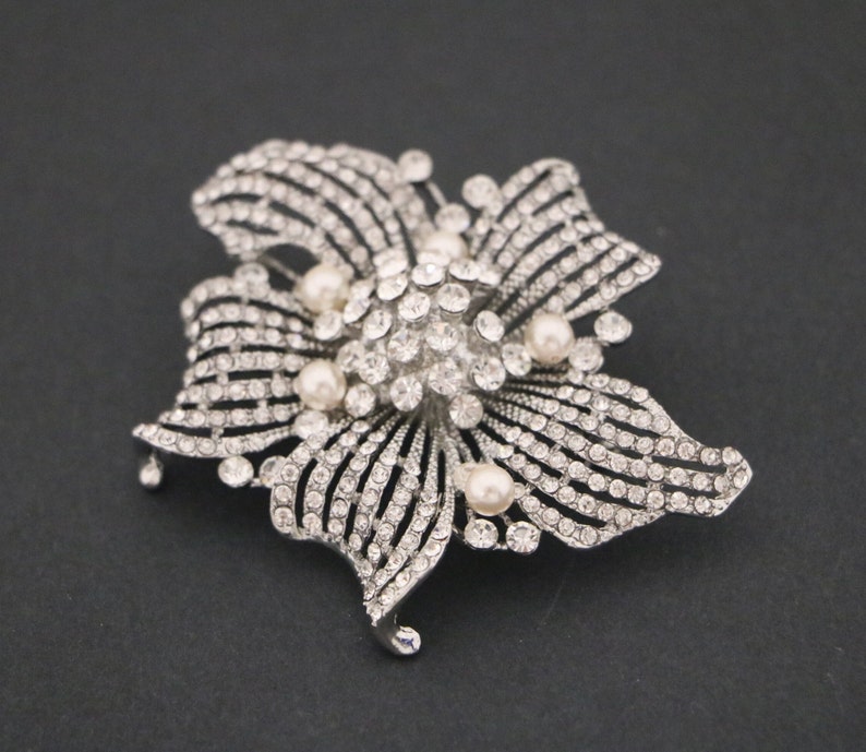 Wedding brooch pin Silver Pearl brooch pin Rhinestone brooch pin Wedding belt dress brooch Wedding hair brooch Bridal accessories brooch pin image 4