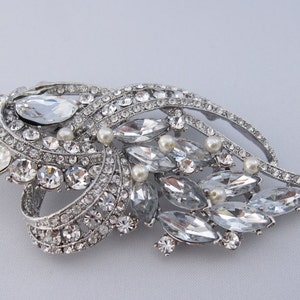 Silver Wedding brooch pin Crystal and pearl brooch pin Rhinestone brooch pin Crystal broch pin Wedding dress brooch pin Bridal dress brooch image 3