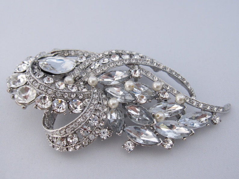 Silver Wedding brooch pin Crystal and pearl brooch pin Rhinestone brooch pin Crystal broch pin Wedding dress brooch pin Bridal dress brooch image 3