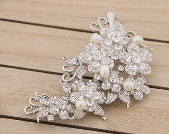 Broche de novia de plata alfiler perla y broche de cristal alfiler de pelo de boda broche de vestido de novia broche de fajas nupciales broche de pedrería