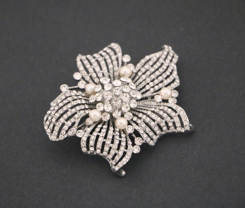 Wedding brooch pin Silver Pearl brooch pin Rhinestone brooch pin Wedding belt dress brooch Wedding hair brooch Bridal accessories brooch pin image 6