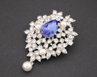 Bridal dress sash brooch something blue Wedding brooch pin rhinestone brooch pin Navy blue Bridal brooch pin pearl and crystal brooch Blue