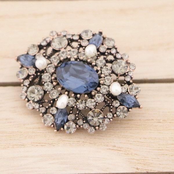 Rose Water Opal  brooch pin with crystals wedding hair brooch bridal brooch pin Navy blue Wedding brooch pin Rhinestone brooch pin Pearl