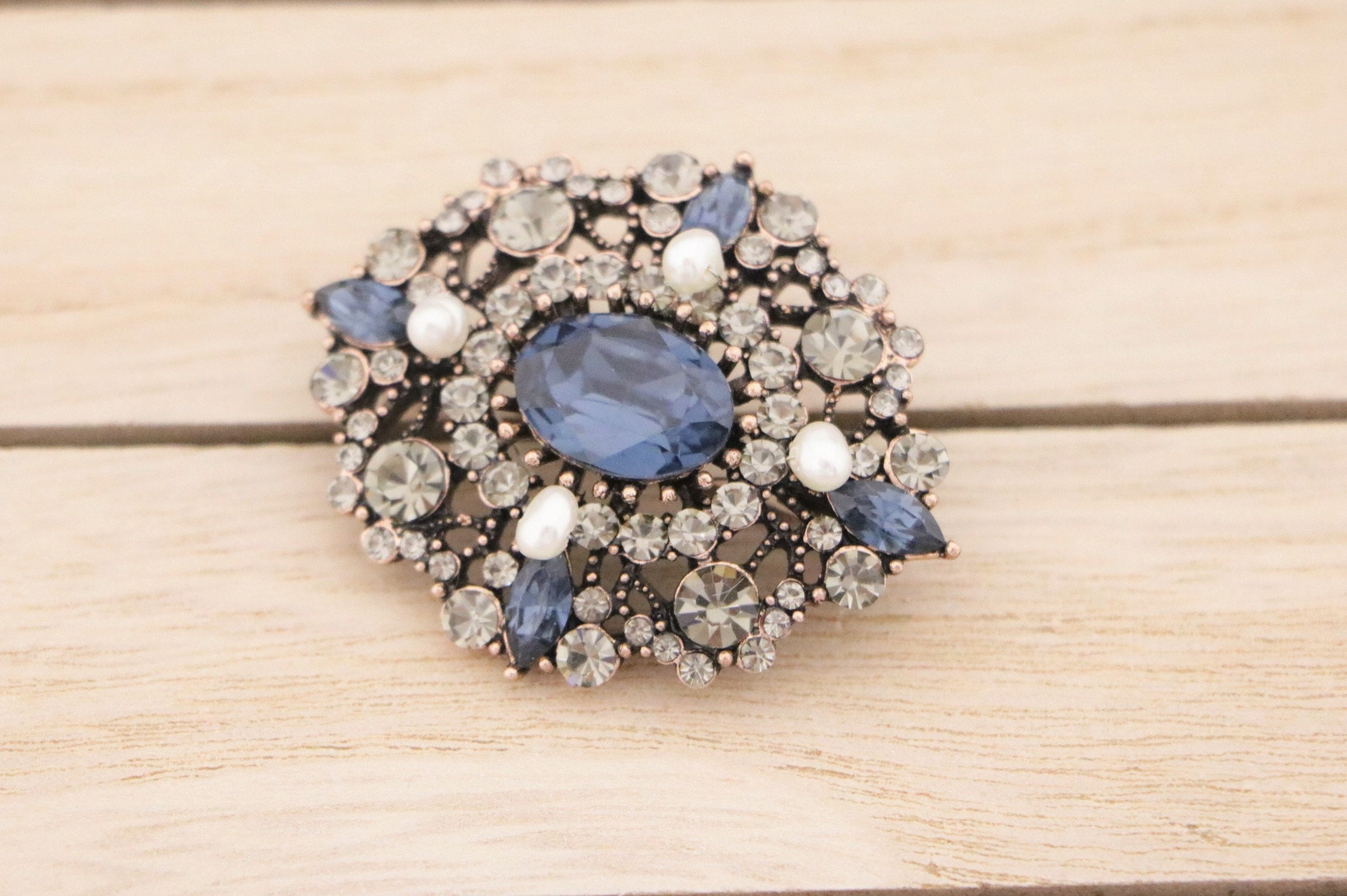 Broche Ancienne En Pierres Bleues - Bijou Vintage - Occasion