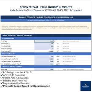 May include: A digital Excel spreadsheet template titled Precast Concrete Panel Lifting Anchor Design Calculator. It features sections for panel geometry, material properties, and formwork conditions, with text referencing PCI 8th Ed. and ACI 318-19 standards.