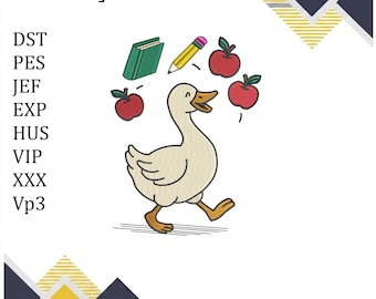 May include: An embroidery design featuring a light beige duck juggling two red apples, a green book, and a yellow pencil. The text reads 4 SIZES ] 4' 5' 6' 8 and lists file formats DST, PES, JEF, EXP, HUS, VIP, XXX, and Vp3 in a vertical column.