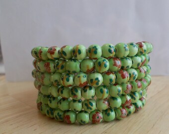 6 Row Memory Wire Cuff Bracelet made with Green, Pink and Brown ceramic beads