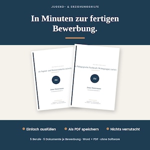 May include: Two white application documents with dark blue text and a central circular logo featuring the initials JM. The top text reads Jugend- & Erziehungshilfe, In Minuten zur fertigen Bewerbung, and the bottom includes Einfach ausfüllen, Als PDF speichern, Nichts verrutscht.