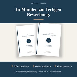 May include: Two white document templates for job applications with dark blue accents. The text reads: SOZIALE ARBEIT, In Minuten zur fertigen Bewerbung, als Sozialarbeiter/in (m/w/d), als Familienhelfer/in (m/w/d), Julia Musterfrau, Einfach ausfüllen, Als PDF speichern, Nichts verrutscht, 5 Dokumente je Bewerbung, Word + PDF, ohne Software.