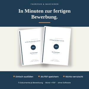 May include: Two white application documents with dark blue text and circular logos featuring the initials MM. The text includes 'Bewerbung als Kfz-Mechatroniker' and 'Bewerbung als Baugeräteführer' with the name 'Max Mustermann' printed below the logos.