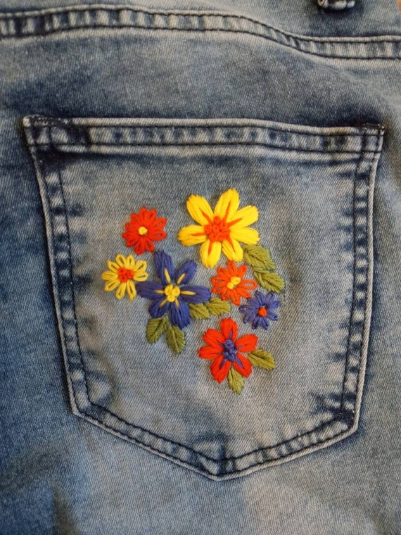 Hand Embroidered Bell Bottom Jeans - Etsy