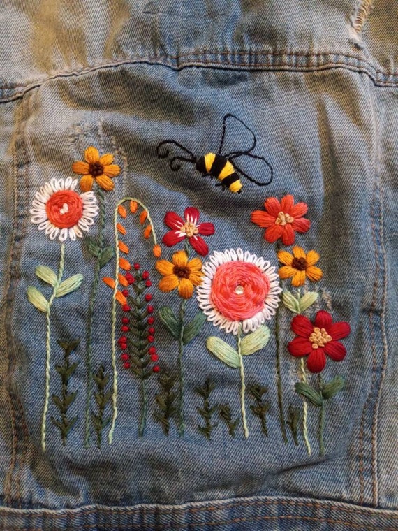 Hand Embroidered Denim Jacket Vest - Etsy